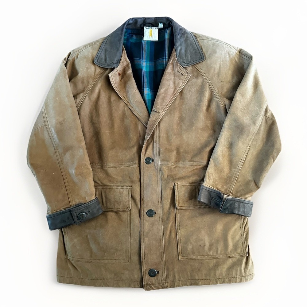 Vintage 90s Merit Awards Cigarettes Leather Jacket Coat Mens XL Brown Chore Barn